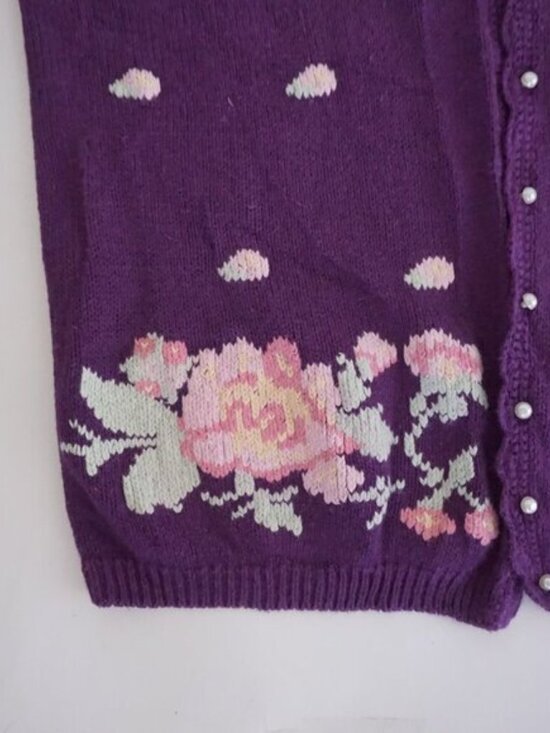 Vintage Maggie Lawrence Purple Polka Dot Floral Embroidered Knit Cardigan M - Picture 7 of 9
